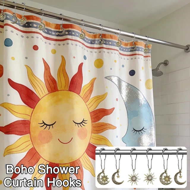 Alt view image 7 of 7 - Antique Bronze Shower Curtain Rings with Smooth Glide Rollers (Bronze), Sun Moon Stars Boho Bathroom Decor, Celestial Shower Curtain Hooks 12 Pack