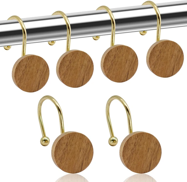 Alt view image 2 of 7 - Living Room (Gold), Bedroom, Bathroom, 12PCS Metal Shower Hooks for Shower Curtain Rod, Modern Round Log Shower Curtain Hangers, Wood Decorative Shower Curtain Rings, Shower Curtain Hooks
