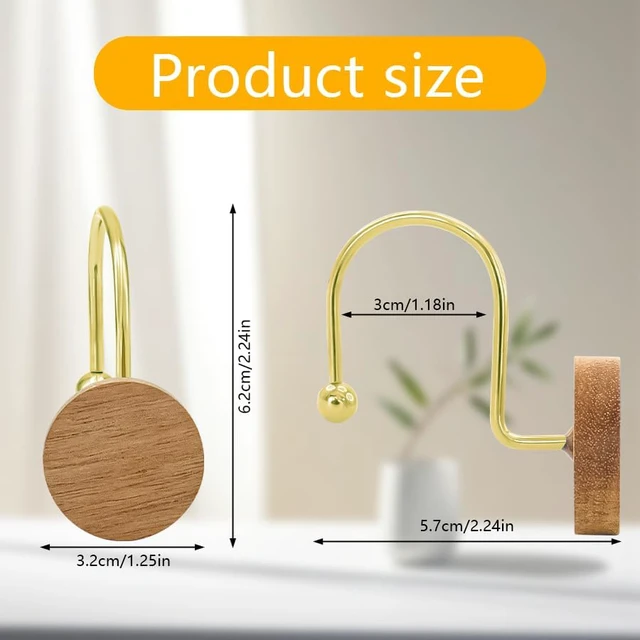 Alt view image 3 of 7 - Living Room (Gold), Bedroom, Bathroom, 12PCS Metal Shower Hooks for Shower Curtain Rod, Modern Round Log Shower Curtain Hangers, Wood Decorative Shower Curtain Rings, Shower Curtain Hooks