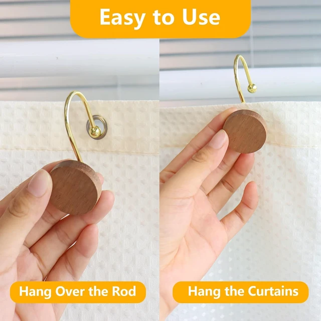 Alt view image 5 of 7 - Living Room (Gold), Bedroom, Bathroom, 12PCS Metal Shower Hooks for Shower Curtain Rod, Modern Round Log Shower Curtain Hangers, Wood Decorative Shower Curtain Rings, Shower Curtain Hooks