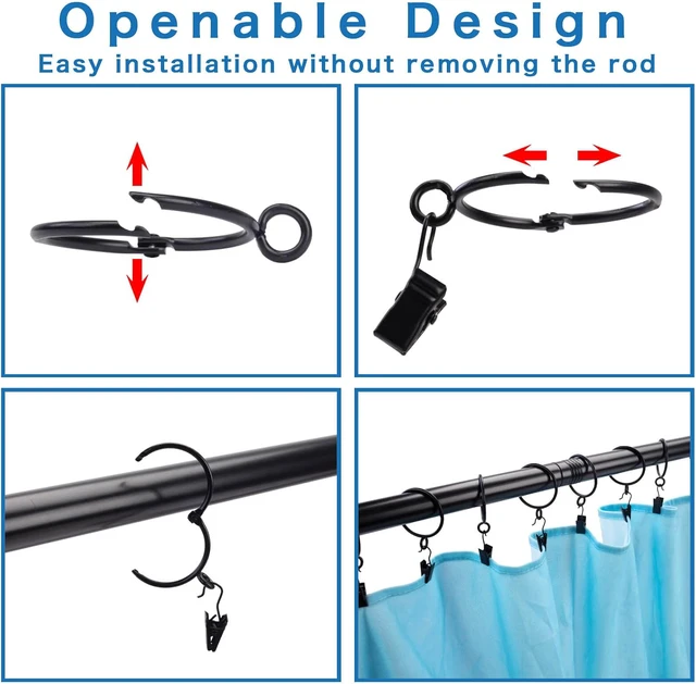 Alt view image 3 of 7 - Shower Curtain Rings 24pcs Black, 1.25inch Heavy Duty Rustproof Metal Drapery Rings, Openable Curtain Rings with Eyelets