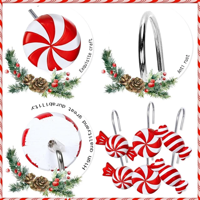 Alt view image 3 of 7 - 12 Pcs Christmas Shower Curtain Hooks 3 Styles Christmas Candy Curtain Hangers Hooks Red White Xmas Decorative Curtain Rings for Xmas Holiday Winter Bathroom Ornament Supplies