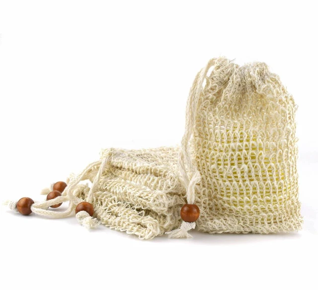 Main image of Plastic-Free Foaming & Drying Bags, Natural Sisal Mesh Soap Saver Pouches with Drawstring for Exfoliating Bath and Shower