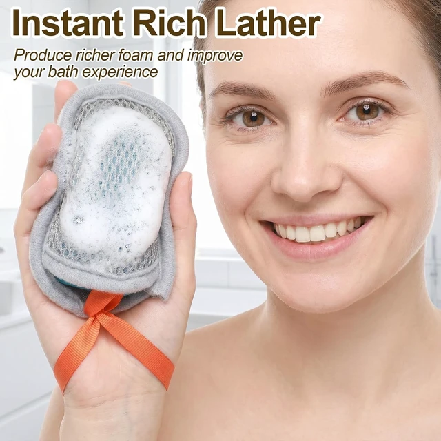 Alt view image 3 of 7 - Mesh Soap Saver Bags with Drawstring Double Layer Exfoliating Pouch for Bar Soaps Gentle Foaming Drying Holder for Shower Body Facial