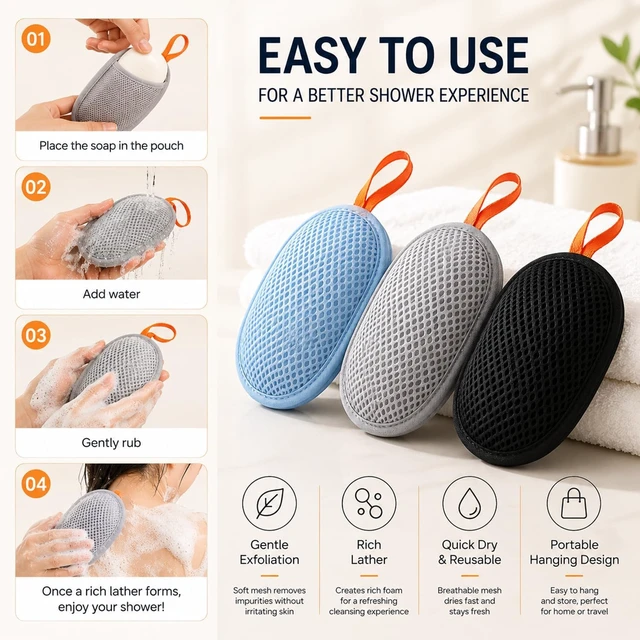 Alt view image 5 of 5 - Foaming Net Pouch for Shower & Bath, Exfoliating Mesh Soap Saver Bag for Bar Soap
