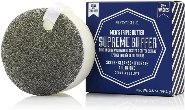 Main image of Made in USA, Vegan & Dermatologist Tested, Long-Lasting Loofah Sponge for Men, Infused with Body Wash, Spongellé Men's Supreme Body Exfoliating Scrubber