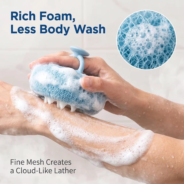 Alt view image 7 of 7 - Bathing Accessories, Bath Loofah Sponge for Women and Men, Sunflower Exfoliating Body Scrubber, Blue Suction Cup Soft Bath Ball