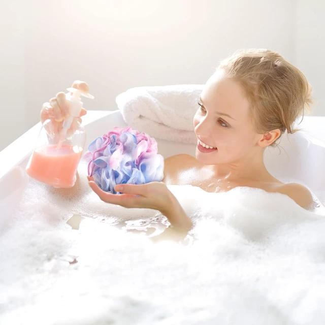 Alt view image 6 of 7 - Set of 4 Mesh Bath Poufs Exfoliating Body Scrubbers Soft Loofah Sponge Balls for Shower Cleansing