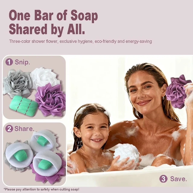Alt view image 4 of 7 - Gentle Body Scrubber and Soap Saver for Men & Women, Set of 3 Dual-Use Exfoliating Bath Loofahs with Soap Bags