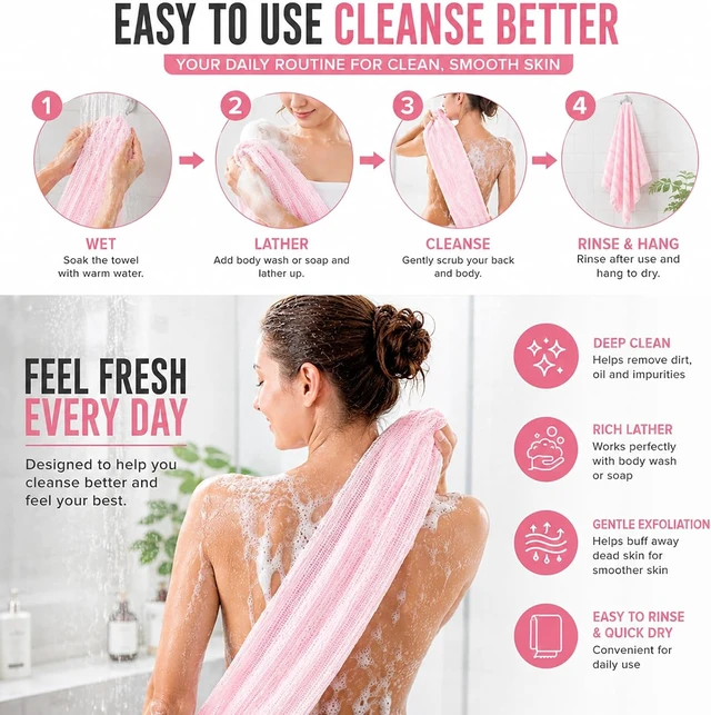 Alt view image 5 of 6 - Gentle Exfoliating Shower Towel for Men & Women, Long Body Back Scrubbing Washcloth