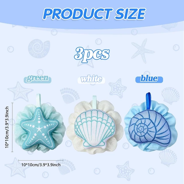 Alt view image 2 of 7 - Ocean Theme Bathroom Accessories, Gentle Exfoliating Body Scrubbers for Women and Men, Coastal Seashell Mesh Bath Poufs
