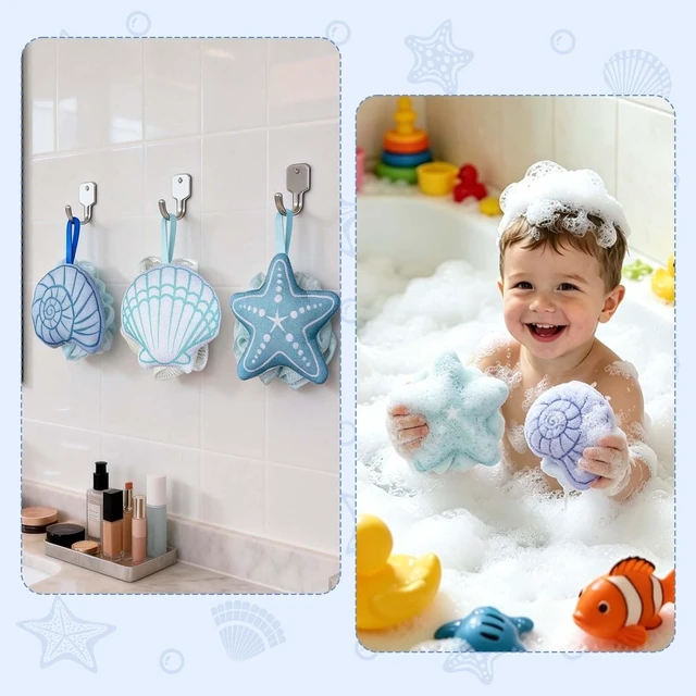 Alt view image 6 of 7 - Ocean Theme Bathroom Accessories, Gentle Exfoliating Body Scrubbers for Women and Men, Coastal Seashell Mesh Bath Poufs