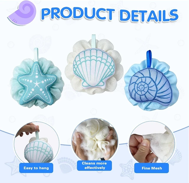 Alt view image 3 of 7 - Ocean Theme Bathroom Accessories, Gentle Exfoliating Body Scrubbers for Women and Men, Coastal Seashell Mesh Bath Poufs