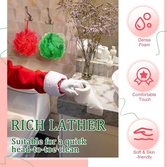 Alt view image 4 of 6 - Christmas Mesh Bath Pouf Set Red Green Exfoliating Shower Loofah Sponge Body Scrubber Gift for Women Men