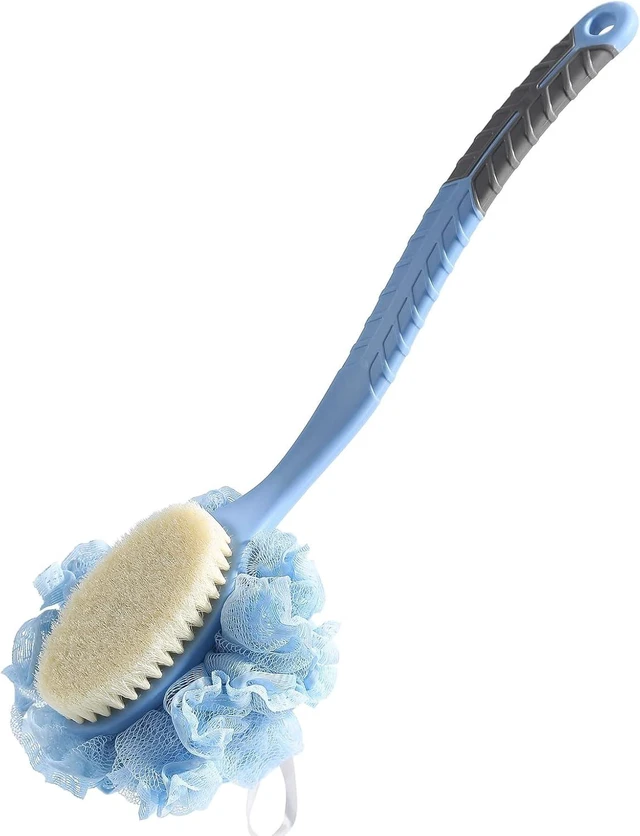 Main image of Curved Long Non-Slip Handle Back Brush for Skin Exfoliation and Massage, Second Generation Bath Body Scrubber with Loofah and Bristles