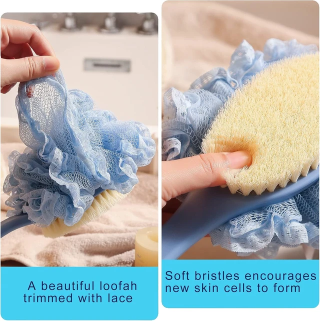 Alt view image 3 of 5 - Curved Long Non-Slip Handle Back Brush for Skin Exfoliation and Massage, Second Generation Bath Body Scrubber with Loofah and Bristles