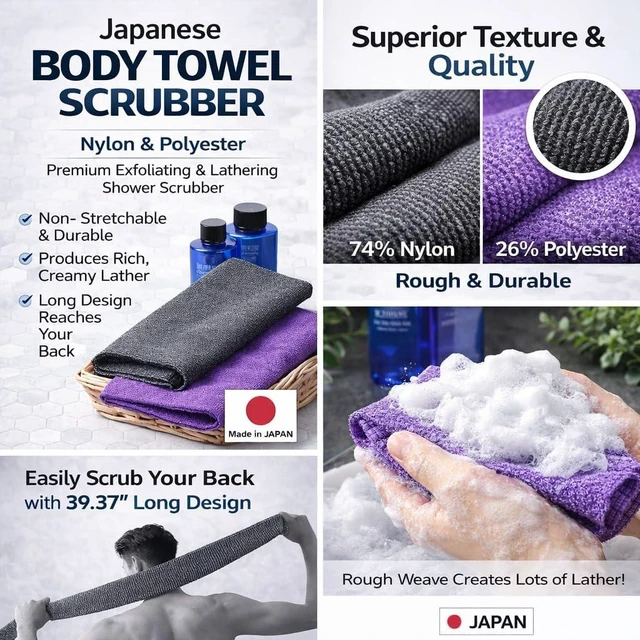 Alt view image 3 of 7 - Unisex Back Cleaning Tool, Japanese Exfoliating Body Scrubber Towel - Deep Cleansing Loofah Washcloth for Dead Skin Removal & Rich Foam