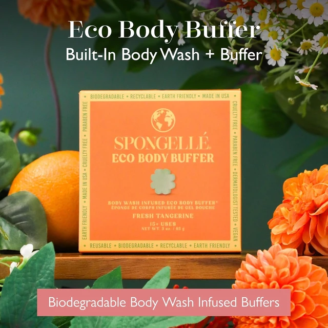 Alt view image 2 of 7 - Dermatologist Tested USA Made, Spongelle Fresh Tangerine Eco Body Buffer & Shower Loofah - Biodegradable Vegan Cruelty-Free Bath Scrubber for Men Women