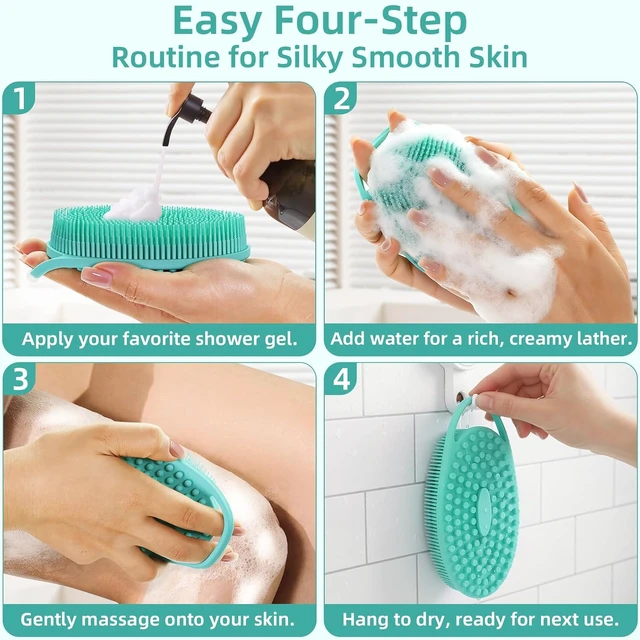 Alt view image 7 of 7 - Quick Foaming Shower Scrubber, Soft Exfoliating Bath Sponge for Men & Women, Double-Sided Silicone Loofah Set with Hanging Loop