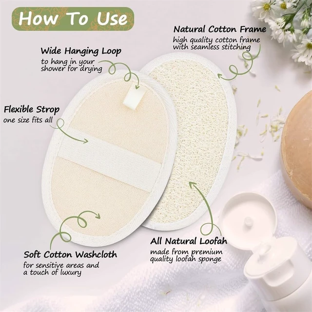 Alt view image 4 of 7 - Gentle Scrubber for Men and Women Ideal for Shower Bath Spa, Dual Pack Natural Luffa and Terry Cloth Body Exfoliating Loofah Sponge