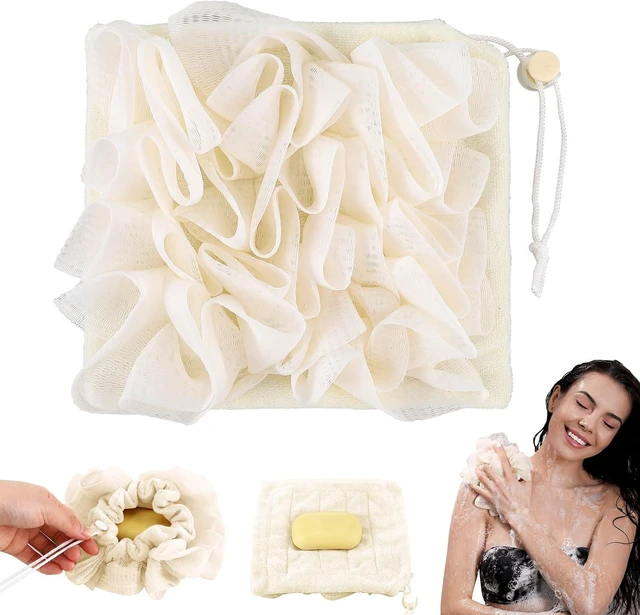 Main image of Exfoliating Mesh Shower Puff for Body Cleansing and Smooth Skin, 2-in-1 Bath Loofah Sponge Set with Drawstring