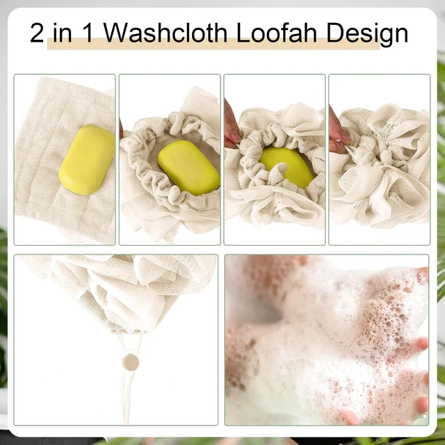 Alt view image 2 of 6 - Exfoliating Mesh Shower Puff for Body Cleansing and Smooth Skin, 2-in-1 Bath Loofah Sponge Set with Drawstring