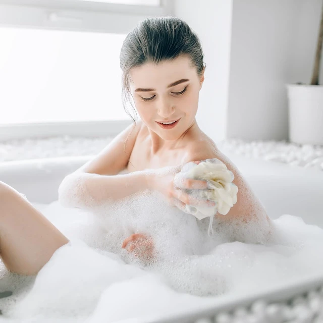 Alt view image 3 of 6 - Exfoliating Mesh Shower Puff for Body Cleansing and Smooth Skin, 2-in-1 Bath Loofah Sponge Set with Drawstring