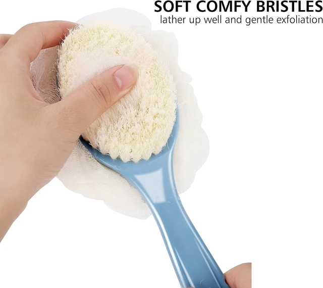 Alt view image 2 of 6 - Curved Handle Back Scrubber with Bristles and Mesh Loofah Sponge
