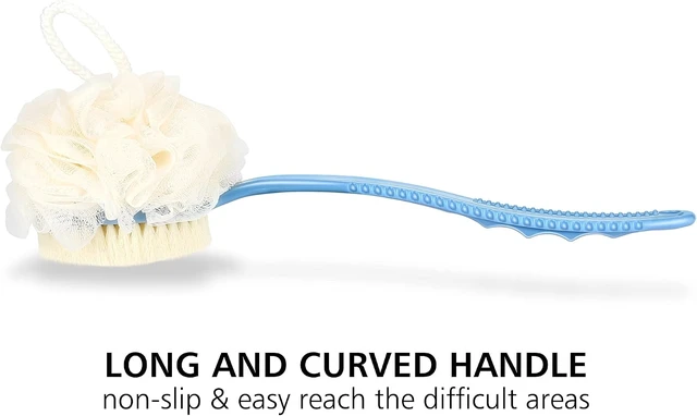Alt view image 4 of 6 - Curved Handle Back Scrubber with Bristles and Mesh Loofah Sponge