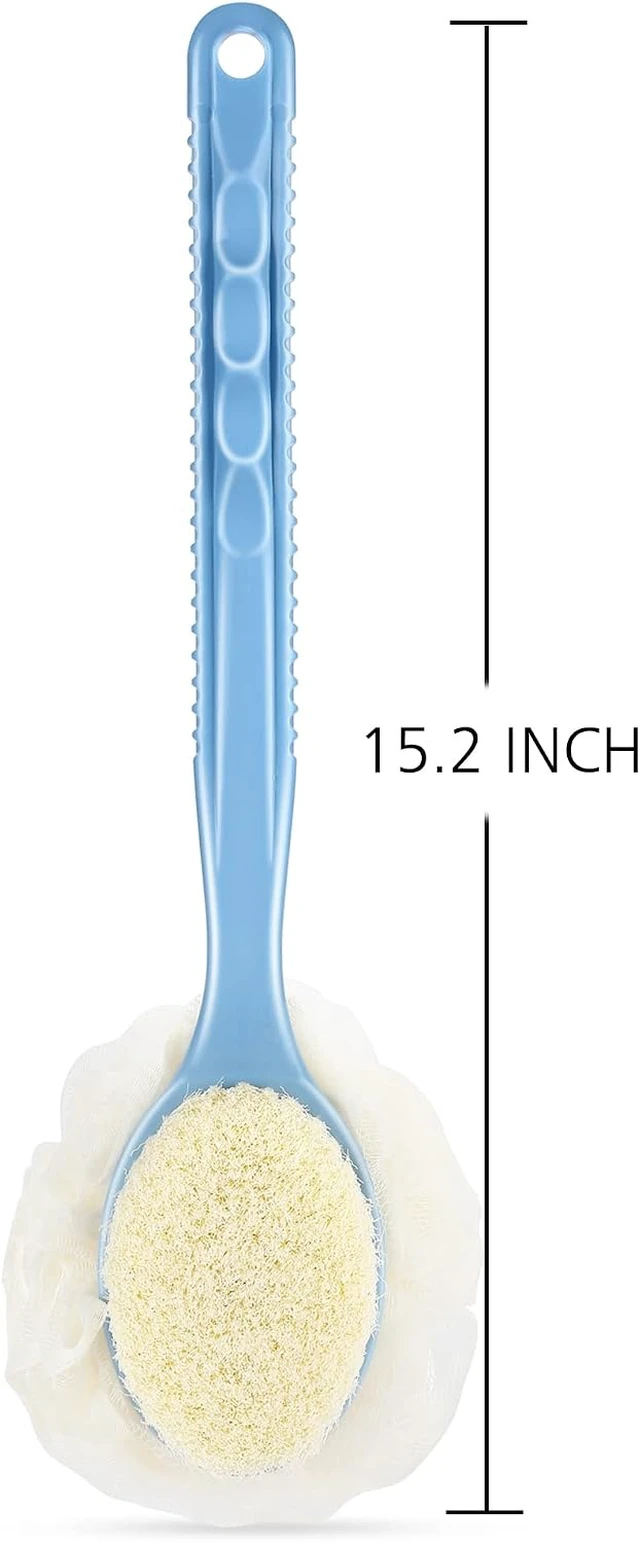 Alt view image 5 of 6 - Curved Handle Back Scrubber with Bristles and Mesh Loofah Sponge