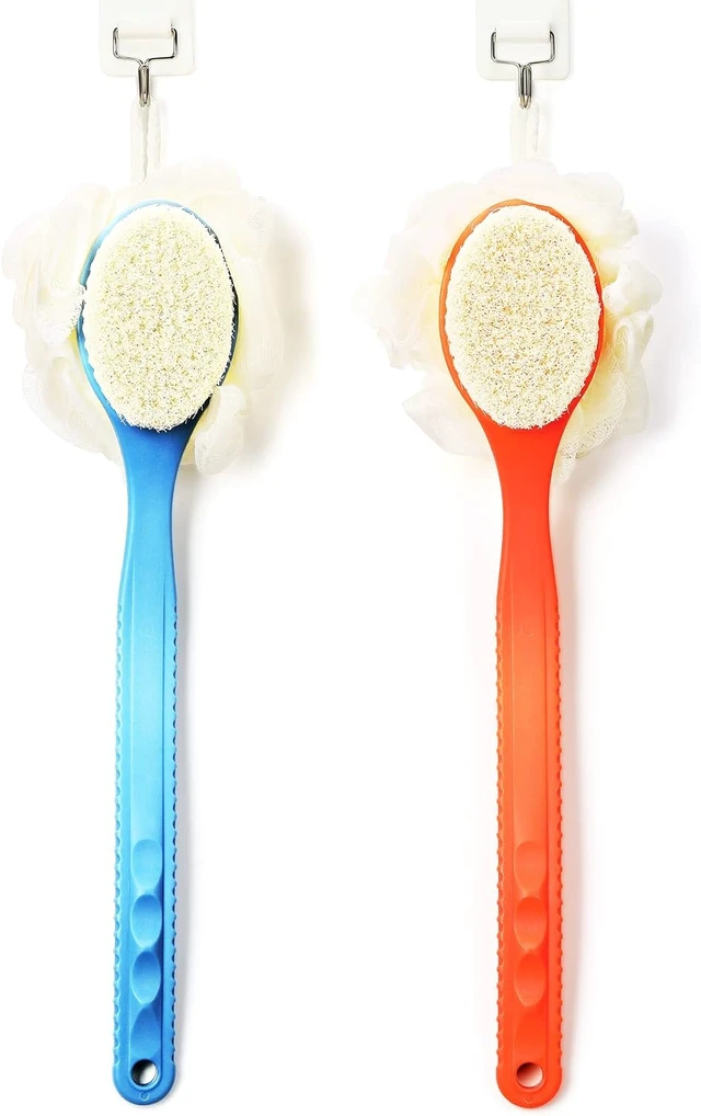 Alt view image 6 of 6 - Curved Handle Back Scrubber with Bristles and Mesh Loofah Sponge