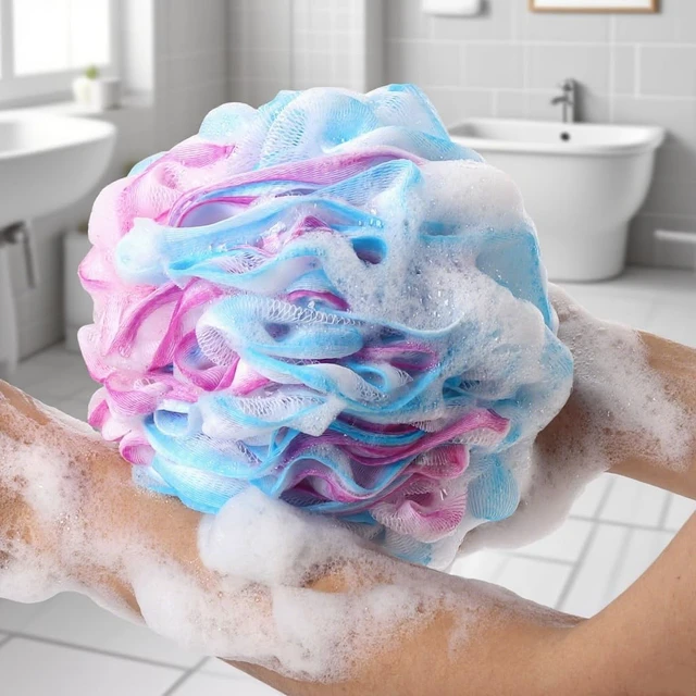Alt view image 4 of 7 - Exfoliating Loofah Bath Sponge Mesh Pouf Shower Scrunchies for Body Cleaning