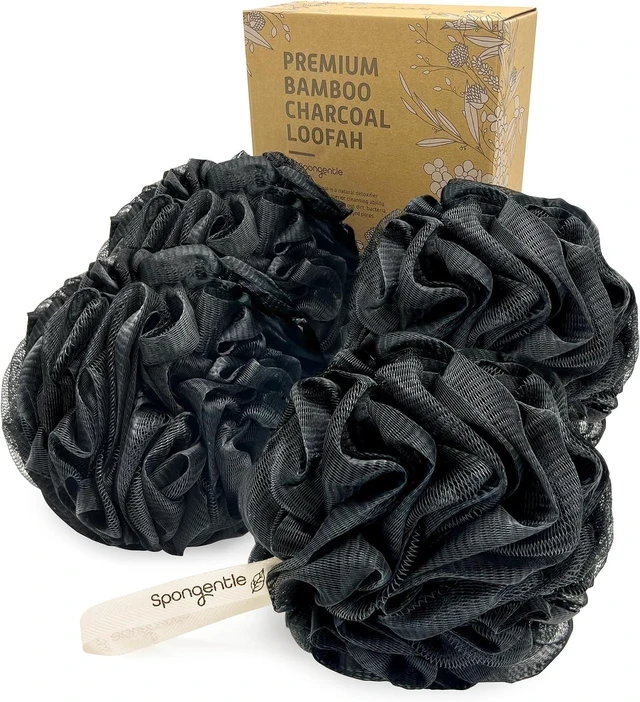 Main image of Soft Mesh Body Scrubber & Exfoliating Pouf for Women and Men, Spongentle Activated Charcoal Bath Sponge