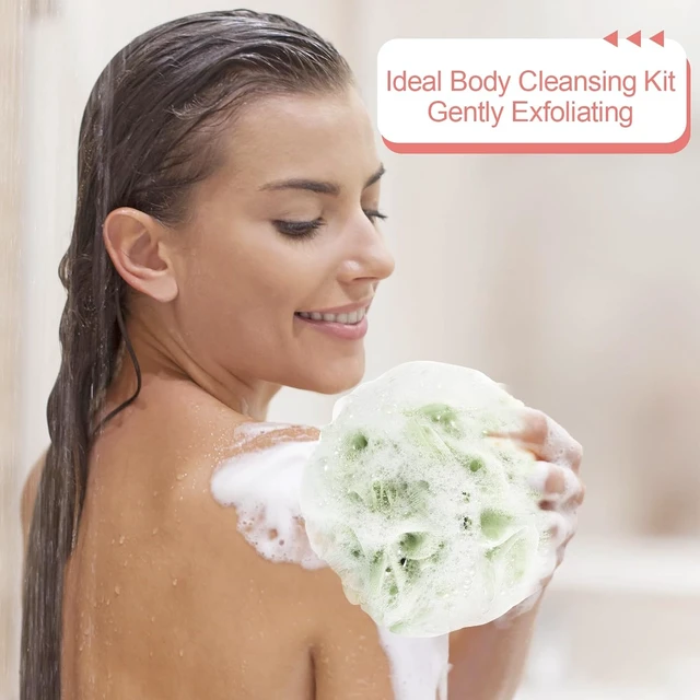 Alt view image 5 of 7 - Deep Cleansing Exfoliating Bath Sponge for Men and Women, Natural Loofah Body Scrubber Set with Handle