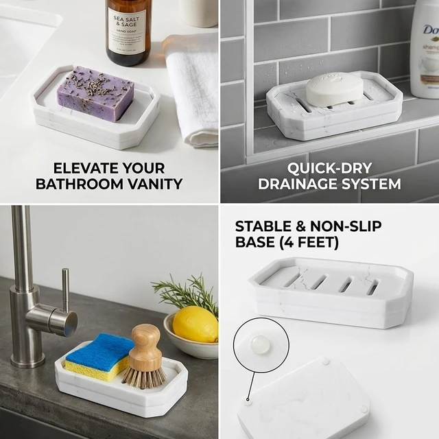 Alt view image 4 of 7 - Marble Pattern Resin Double Tier Soap Box with Drainage and Anti-Slip Base for Bathroom