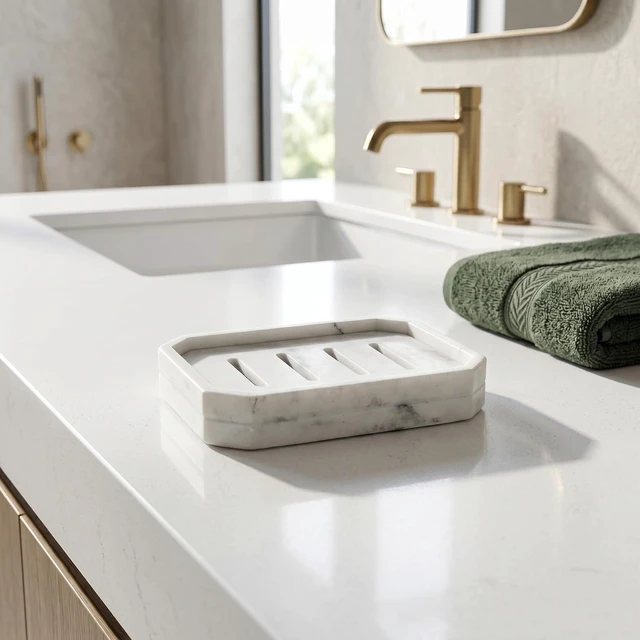 Alt view image 7 of 7 - Marble Pattern Resin Double Tier Soap Box with Drainage and Anti-Slip Base for Bathroom