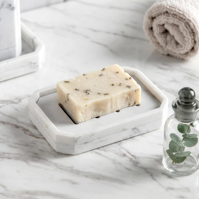 Alt view image 5 of 7 - Marble Pattern Resin Double Tier Soap Box with Drainage and Anti-Slip Base for Bathroom