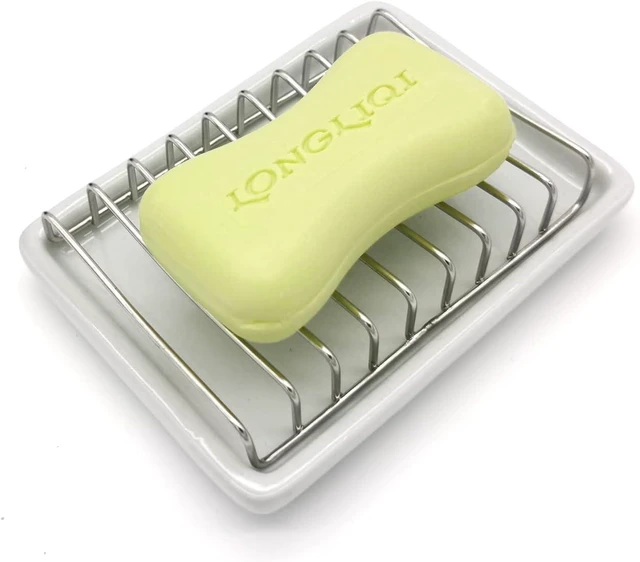 Main image of Self-Draining Ceramic Soap Dish with Stainless Steel Sponge Holder for Bathroom Shower & Kitchen Sink