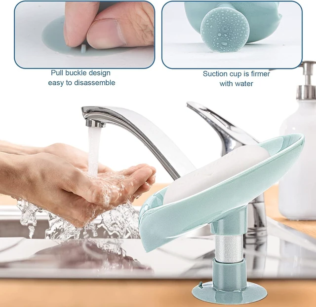 Alt view image 7 of 7 - Bathroom & Kitchen Sink, No-Drill Easy-Clean Bar Soap Holder for Shower, Leaf-Shaped Self-Draining Soap Dish with Suction Cup