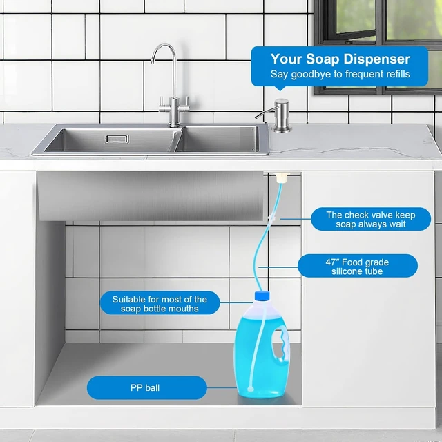 Alt view image 4 of 7 - Brushed Nickel Countertop Liquid Soap Bottle for Easy Refilling, Built-in Kitchen Sink Soap Dispenser Pump with Extension Tube
