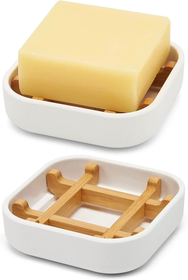 Main image of Ventilated Bamboo Soap Dish Holder with Detachable Tray for Bathroom Sink and Shower