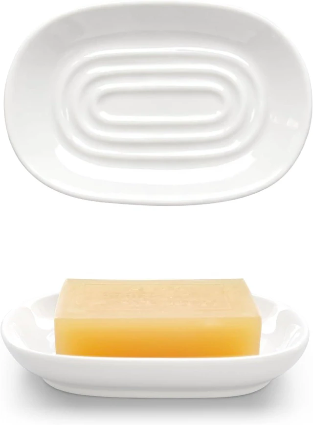 Main image of Jewelry & Small Items, White Ceramic Oval Soap Dish - Modern Bar Soap Holder for Bathroom & Kitchen Shower Sink - Easy Clean Multi-Purpose Tray for Sponges