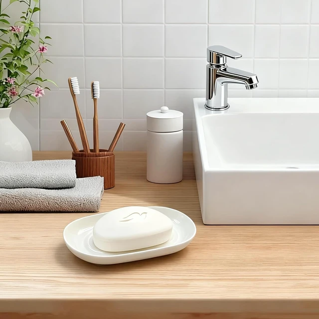 Alt view image 2 of 7 - Jewelry & Small Items, White Ceramic Oval Soap Dish - Modern Bar Soap Holder for Bathroom & Kitchen Shower Sink - Easy Clean Multi-Purpose Tray for Sponges