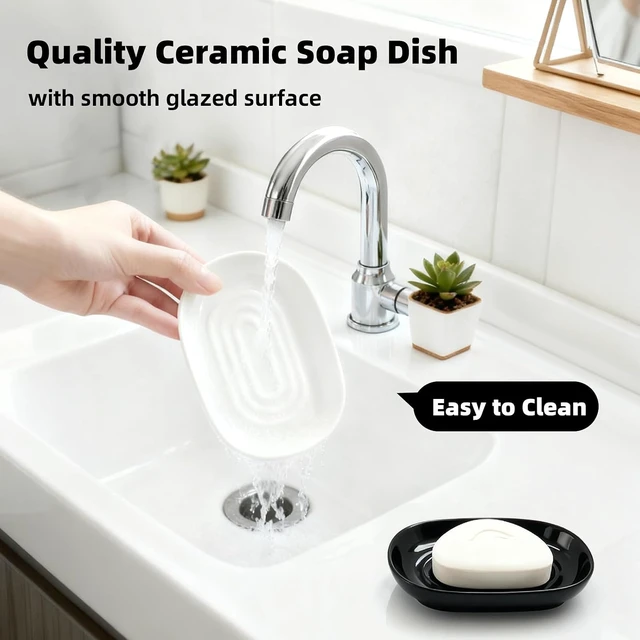 Alt view image 5 of 7 - Jewelry & Small Items, White Ceramic Oval Soap Dish - Modern Bar Soap Holder for Bathroom & Kitchen Shower Sink - Easy Clean Multi-Purpose Tray for Sponges