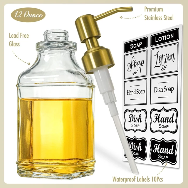 Alt view image 2 of 7 - Includes Stickers, Refillable Lotion Bottle for Kitchen & Bathroom, Vintage Square Glass Liquid Soap Dispenser with Gold Rust-Resistant Pump