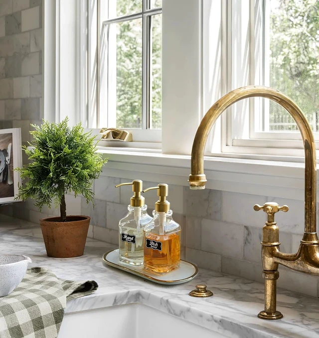 Alt view image 4 of 7 - Includes Stickers, Refillable Lotion Bottle for Kitchen & Bathroom, Vintage Square Glass Liquid Soap Dispenser with Gold Rust-Resistant Pump