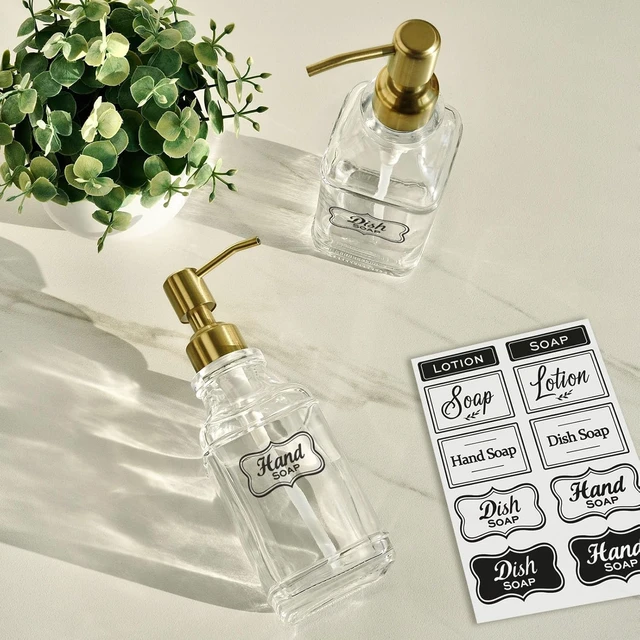 Alt view image 6 of 7 - Includes Stickers, Refillable Lotion Bottle for Kitchen & Bathroom, Vintage Square Glass Liquid Soap Dispenser with Gold Rust-Resistant Pump