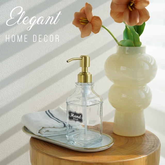 Alt view image 7 of 7 - Includes Stickers, Refillable Lotion Bottle for Kitchen & Bathroom, Vintage Square Glass Liquid Soap Dispenser with Gold Rust-Resistant Pump