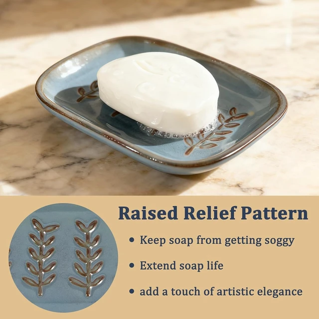Alt view image 3 of 7 - Decorative Soap Holder Saver, Bathroom & Kitchen Sink Tray for Shampoo Bar or Sponge, Aesthetic Ceramic Soap Dish with Raised Relief