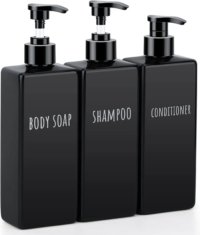 Main image of Black Square Plastic Refillable Pump Bottles Set for Shampoo Conditioner Body Wash Lotion Gel